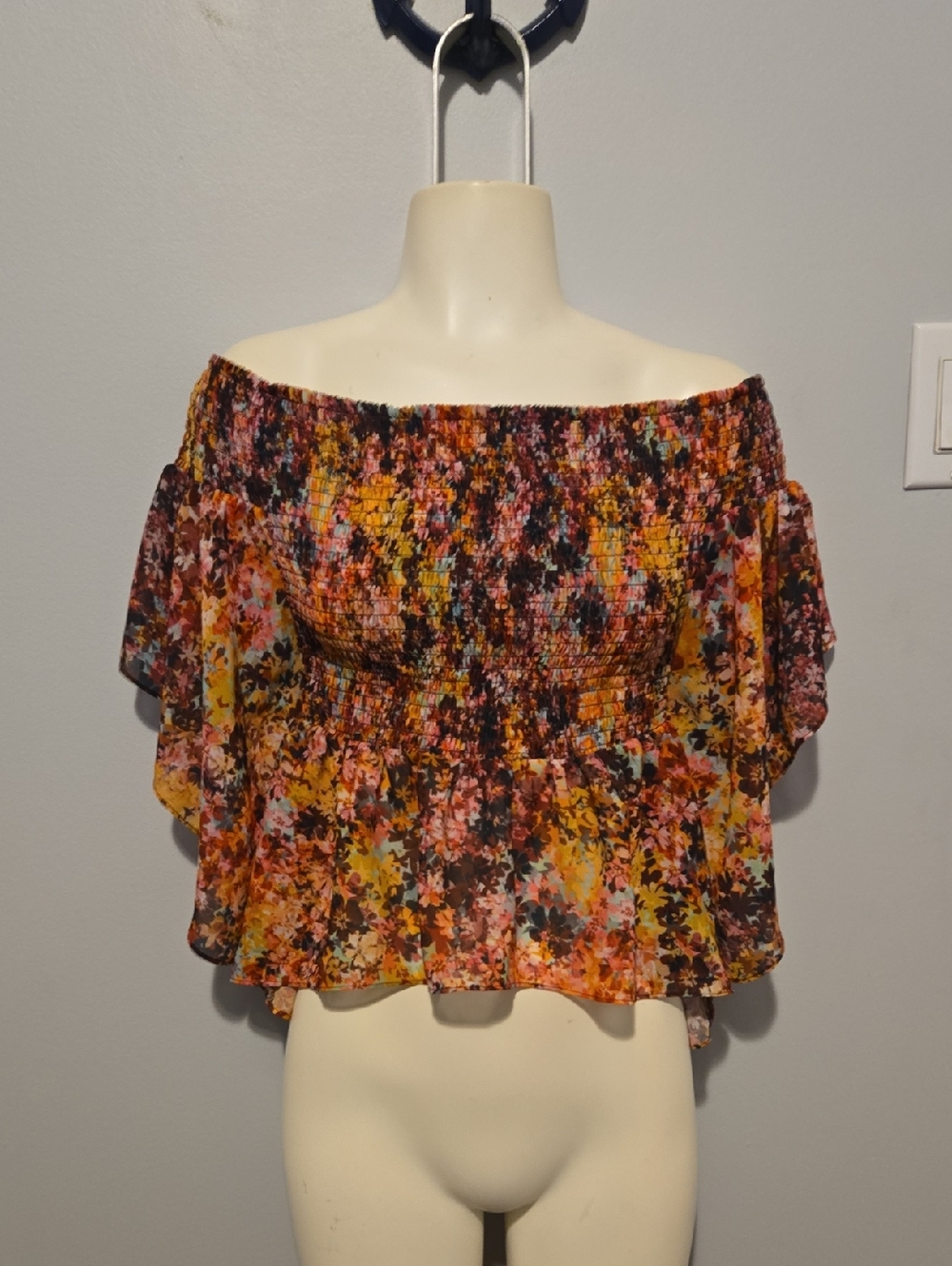 bebe Floral Off-Shoulder Smocked Crop Top - Yellow Pink Black